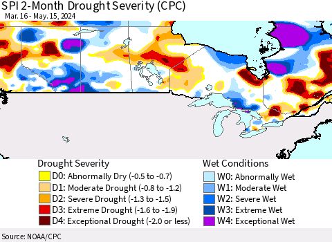 Canada SPI 2-Month Drought Severity (CPC) Thematic Map For 3/16/2024 - 5/15/2024