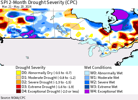 Canada SPI 2-Month Drought Severity (CPC) Thematic Map For 3/21/2024 - 5/20/2024