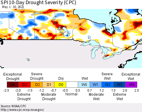 Canada SPI 10-Day Drought Severity (CPC) Thematic Map For 5/1/2021 - 5/10/2021