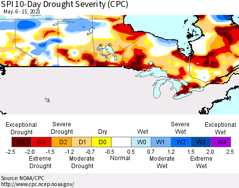 Canada SPI 10-Day Drought Severity (CPC) Thematic Map For 5/6/2021 - 5/15/2021