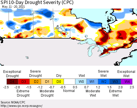 Canada SPI 10-Day Drought Severity (CPC) Thematic Map For 5/11/2021 - 5/20/2021