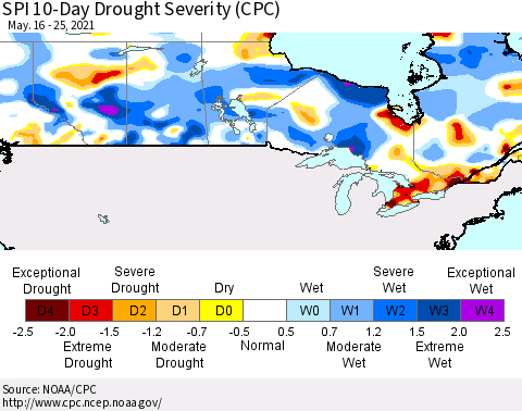 Canada SPI 10-Day Drought Severity (CPC) Thematic Map For 5/16/2021 - 5/25/2021