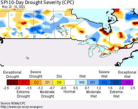 Canada SPI 10-Day Drought Severity (CPC) Thematic Map For 5/21/2021 - 5/31/2021