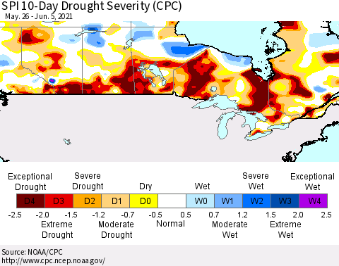 Canada SPI 10-Day Drought Severity (CPC) Thematic Map For 5/26/2021 - 6/5/2021