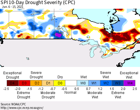 Canada SPI 10-Day Drought Severity (CPC) Thematic Map For 6/6/2021 - 6/15/2021