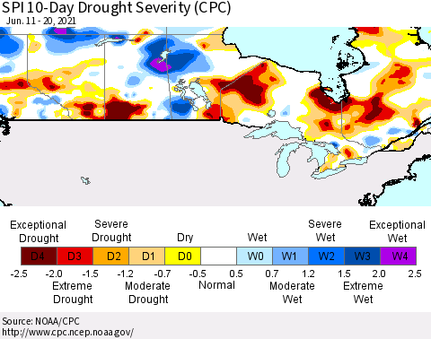 Canada SPI 10-Day Drought Severity (CPC) Thematic Map For 6/11/2021 - 6/20/2021