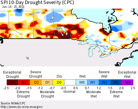 Canada SPI 10-Day Drought Severity (CPC) Thematic Map For 6/16/2021 - 6/25/2021