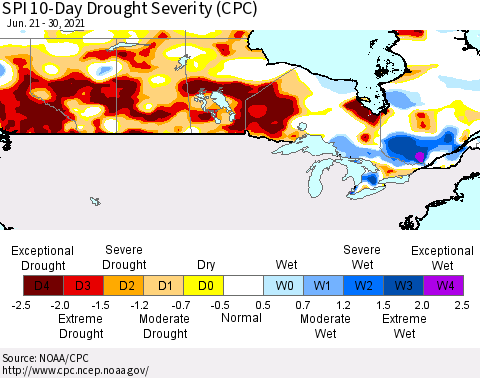 Canada SPI 10-Day Drought Severity (CPC) Thematic Map For 6/21/2021 - 6/30/2021