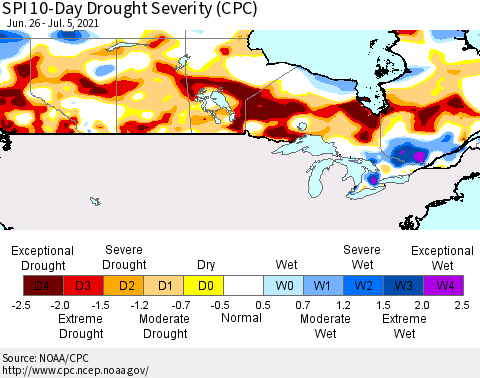Canada SPI 10-Day Drought Severity (CPC) Thematic Map For 6/26/2021 - 7/5/2021