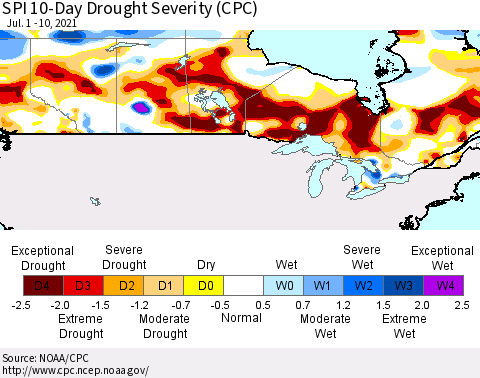 Canada SPI 10-Day Drought Severity (CPC) Thematic Map For 7/1/2021 - 7/10/2021