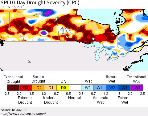 Canada SPI 10-Day Drought Severity (CPC) Thematic Map For 7/6/2021 - 7/15/2021