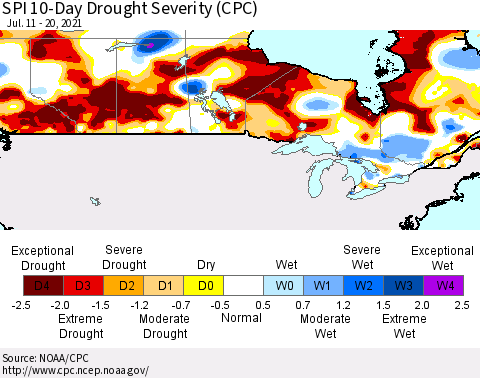 Canada SPI 10-Day Drought Severity (CPC) Thematic Map For 7/11/2021 - 7/20/2021