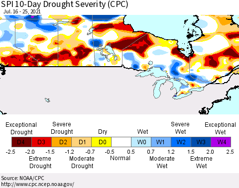 Canada SPI 10-Day Drought Severity (CPC) Thematic Map For 7/16/2021 - 7/25/2021