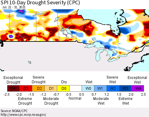 Canada SPI 10-Day Drought Severity (CPC) Thematic Map For 7/21/2021 - 7/31/2021