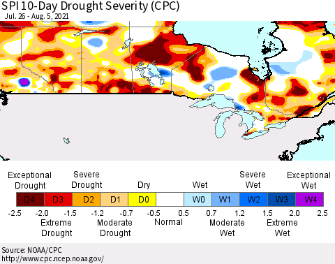 Canada SPI 10-Day Drought Severity (CPC) Thematic Map For 7/26/2021 - 8/5/2021