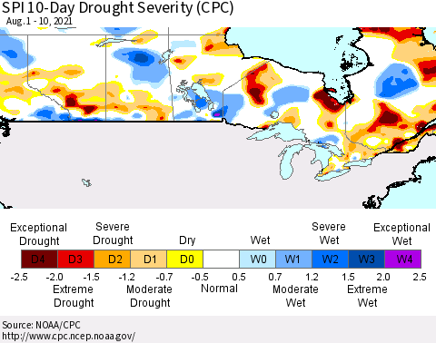Canada SPI 10-Day Drought Severity (CPC) Thematic Map For 8/1/2021 - 8/10/2021