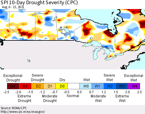 Canada SPI 10-Day Drought Severity (CPC) Thematic Map For 8/6/2021 - 8/15/2021