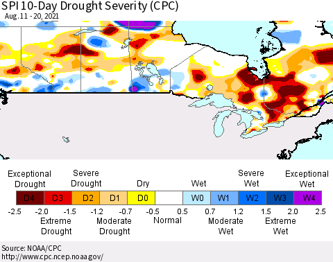 Canada SPI 10-Day Drought Severity (CPC) Thematic Map For 8/11/2021 - 8/20/2021