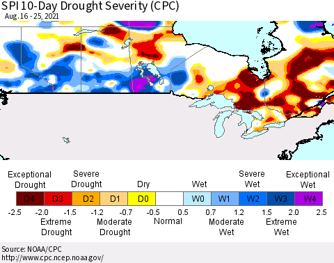 Canada SPI 10-Day Drought Severity (CPC) Thematic Map For 8/16/2021 - 8/25/2021