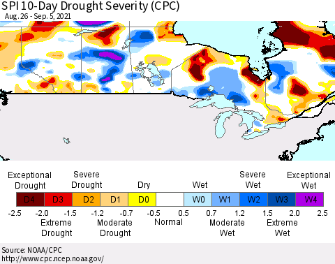 Canada SPI 10-Day Drought Severity (CPC) Thematic Map For 8/26/2021 - 9/5/2021