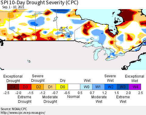 Canada SPI 10-Day Drought Severity (CPC) Thematic Map For 9/1/2021 - 9/10/2021