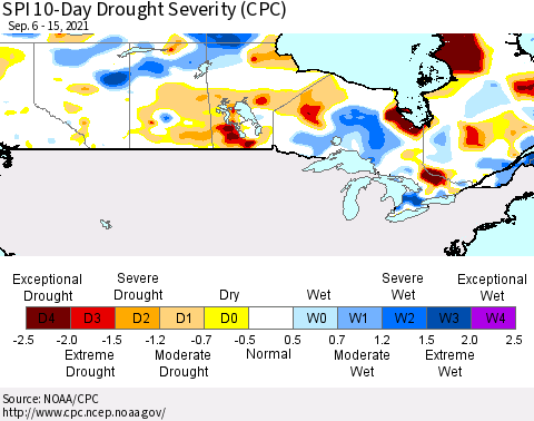 Canada SPI 10-Day Drought Severity (CPC) Thematic Map For 9/6/2021 - 9/15/2021