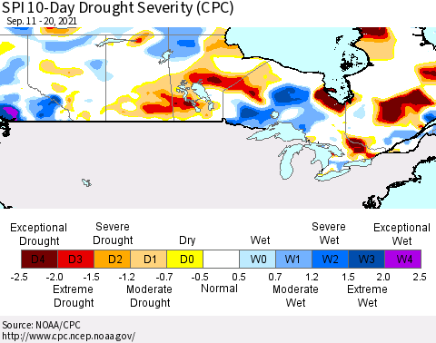 Canada SPI 10-Day Drought Severity (CPC) Thematic Map For 9/11/2021 - 9/20/2021