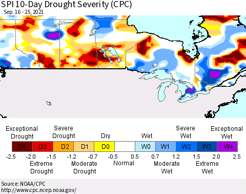 Canada SPI 10-Day Drought Severity (CPC) Thematic Map For 9/16/2021 - 9/25/2021