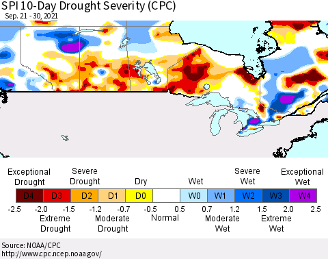 Canada SPI 10-Day Drought Severity (CPC) Thematic Map For 9/21/2021 - 9/30/2021