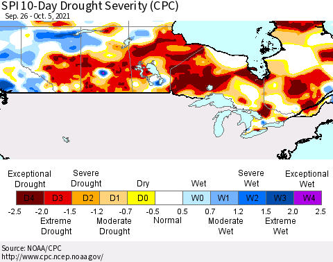 Canada SPI 10-Day Drought Severity (CPC) Thematic Map For 9/26/2021 - 10/5/2021