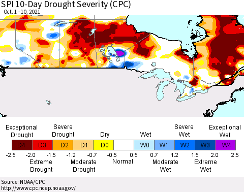 Canada SPI 10-Day Drought Severity (CPC) Thematic Map For 10/1/2021 - 10/10/2021