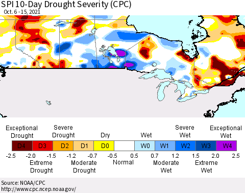 Canada SPI 10-Day Drought Severity (CPC) Thematic Map For 10/6/2021 - 10/15/2021