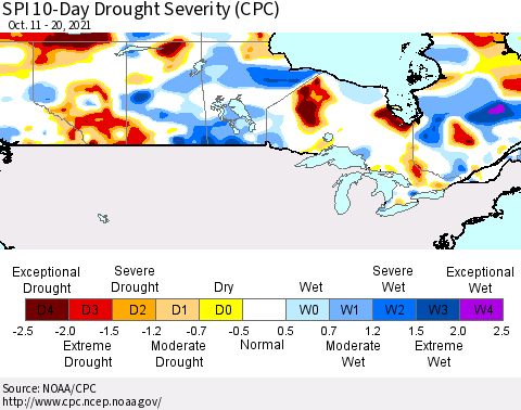 Canada SPI 10-Day Drought Severity (CPC) Thematic Map For 10/11/2021 - 10/20/2021