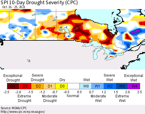 Canada SPI 10-Day Drought Severity (CPC) Thematic Map For 10/16/2021 - 10/25/2021