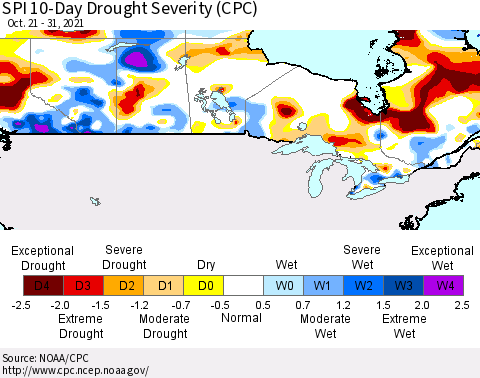Canada SPI 10-Day Drought Severity (CPC) Thematic Map For 10/21/2021 - 10/31/2021