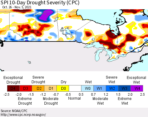 Canada SPI 10-Day Drought Severity (CPC) Thematic Map For 10/26/2021 - 11/5/2021