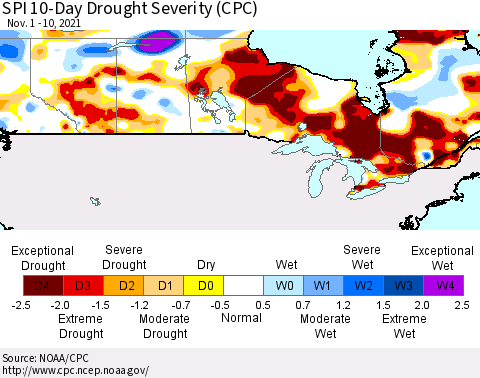Canada SPI 10-Day Drought Severity (CPC) Thematic Map For 11/1/2021 - 11/10/2021