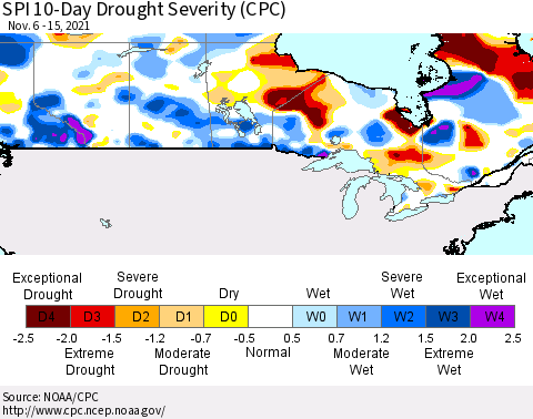 Canada SPI 10-Day Drought Severity (CPC) Thematic Map For 11/6/2021 - 11/15/2021