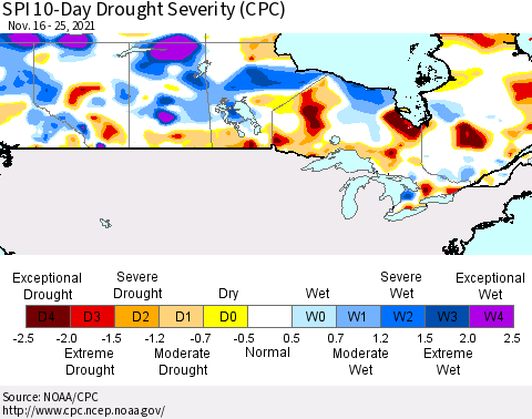 Canada SPI 10-Day Drought Severity (CPC) Thematic Map For 11/16/2021 - 11/25/2021