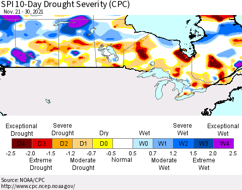 Canada SPI 10-Day Drought Severity (CPC) Thematic Map For 11/21/2021 - 11/30/2021