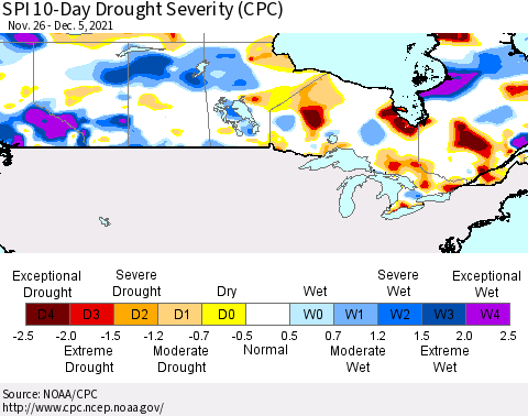 Canada SPI 10-Day Drought Severity (CPC) Thematic Map For 11/26/2021 - 12/5/2021
