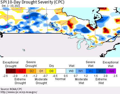 Canada SPI 10-Day Drought Severity (CPC) Thematic Map For 12/1/2021 - 12/10/2021