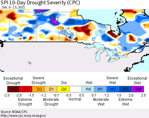 Canada SPI 10-Day Drought Severity (CPC) Thematic Map For 12/6/2021 - 12/15/2021