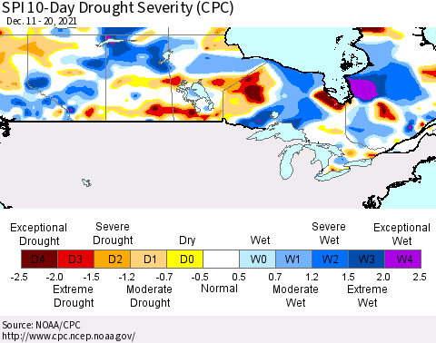 Canada SPI 10-Day Drought Severity (CPC) Thematic Map For 12/11/2021 - 12/20/2021