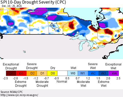 Canada SPI 10-Day Drought Severity (CPC) Thematic Map For 12/16/2021 - 12/25/2021