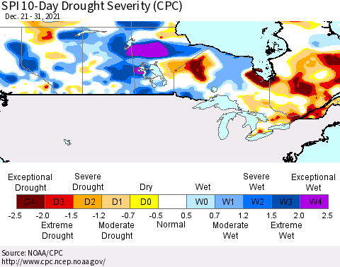 Canada SPI 10-Day Drought Severity (CPC) Thematic Map For 12/21/2021 - 12/31/2021