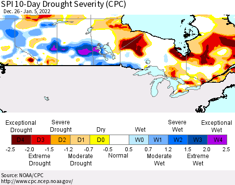 Canada SPI 10-Day Drought Severity (CPC) Thematic Map For 12/26/2021 - 1/5/2022