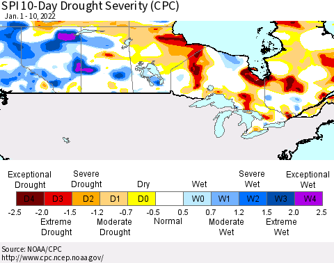 Canada SPI 10-Day Drought Severity (CPC) Thematic Map For 1/1/2022 - 1/10/2022