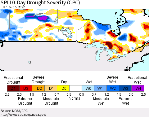 Canada SPI 10-Day Drought Severity (CPC) Thematic Map For 1/6/2022 - 1/15/2022