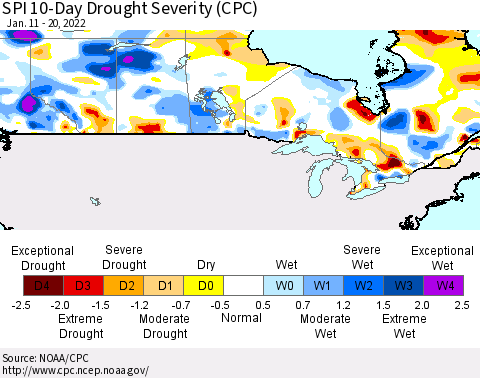 Canada SPI 10-Day Drought Severity (CPC) Thematic Map For 1/11/2022 - 1/20/2022